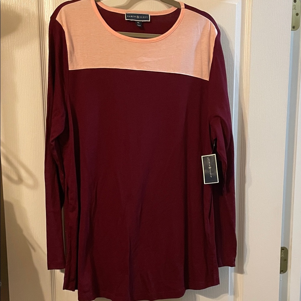 Karen Scott Women's Maroon and Light Pink Tee